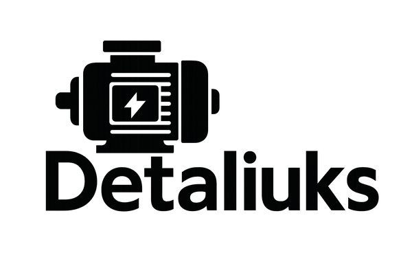 užrašas ''Detaliuks" ir iterptas simbolis su el varikliu juoda balta